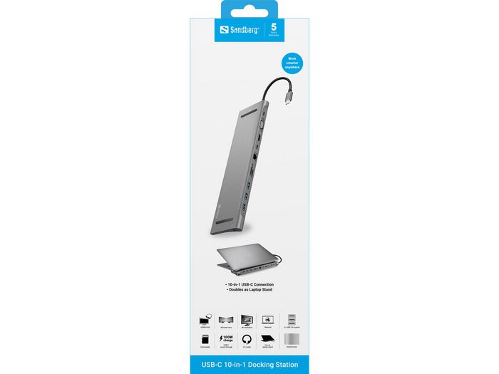 Sandberg Station d'accueil USB-C 10-en-1 avec Ports HDMI, VGA, Ethernet, USB-A, Alimentation 100 W et Support pour PC Portable