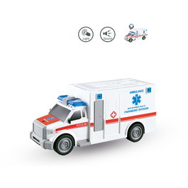 Tachan Ambulance Héros de la Ville 1:20 avec Lumières et Sons - Fonctionne par Friction, 3 Piles AG13 Incluses - Langues : Anglais, Français, Allemand, Italien, Portugais, Espagnol