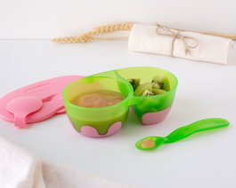 KioKids Bol double antidérapant avec couvercle et cuillère - Rose et vert