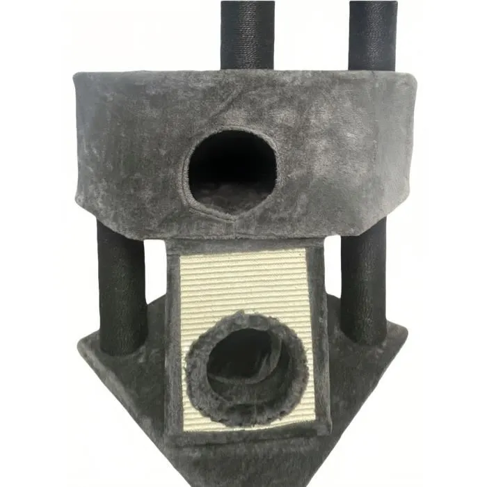 GUILY Arbre à chat stable pour chats taille moyenne, 141 cm - Gris foncé - 2 plateformes, 1 perchoir, 1 cabane, 1 rampe