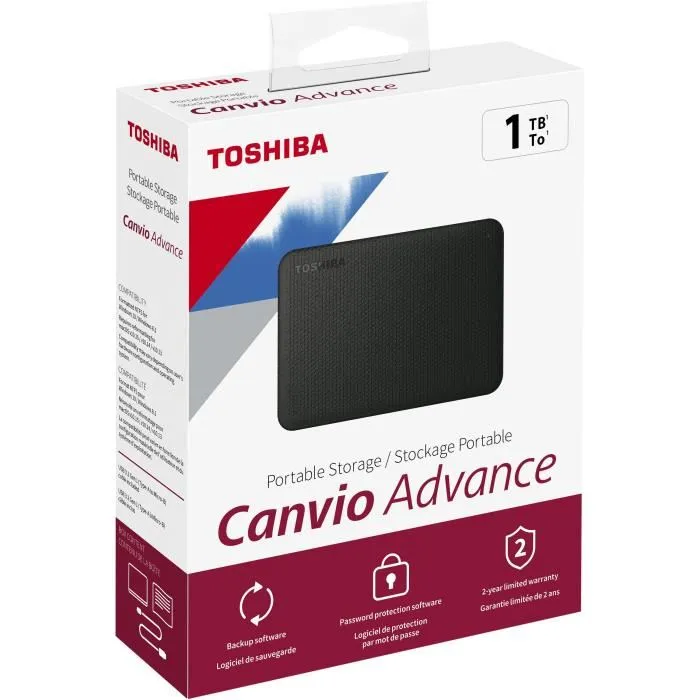 Toshiba Disque Dur Externe Canvio Advance - 1 To, Boîtier 2.5 Pouces USB 3.2 Gen 1, Noir