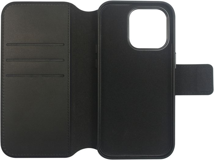eSTUFF Coque portefeuille iPhone 16 Pro INFINITE MILAN - Noir - 87% de matériaux recyclés et cuir d'apple skin - Compatible MagSafe