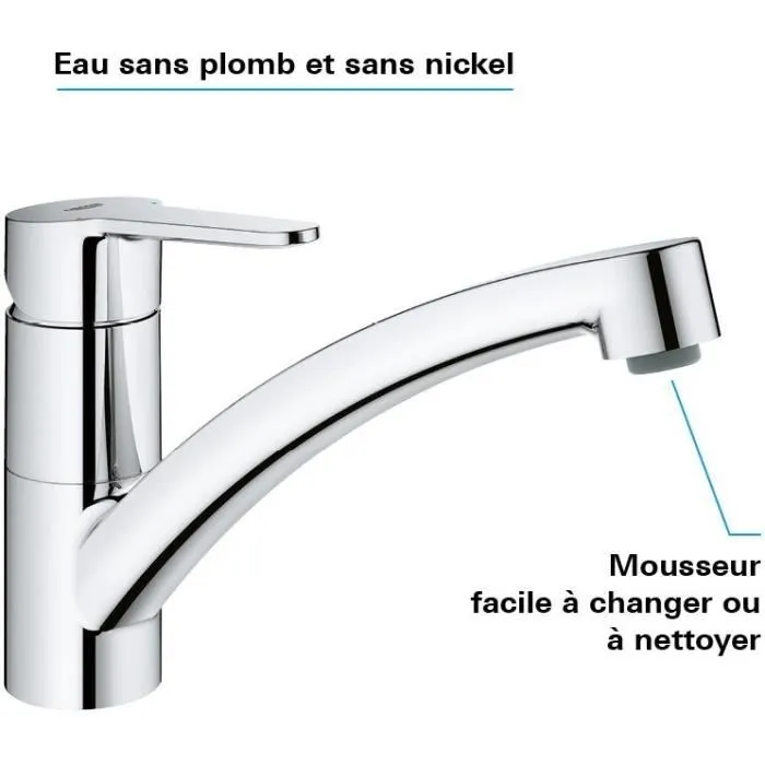 GROHE Mitigeur d'évier Start Eco chromé avec bec bas - Technologie LongLife pour eau potable sans plomb ni nickel
