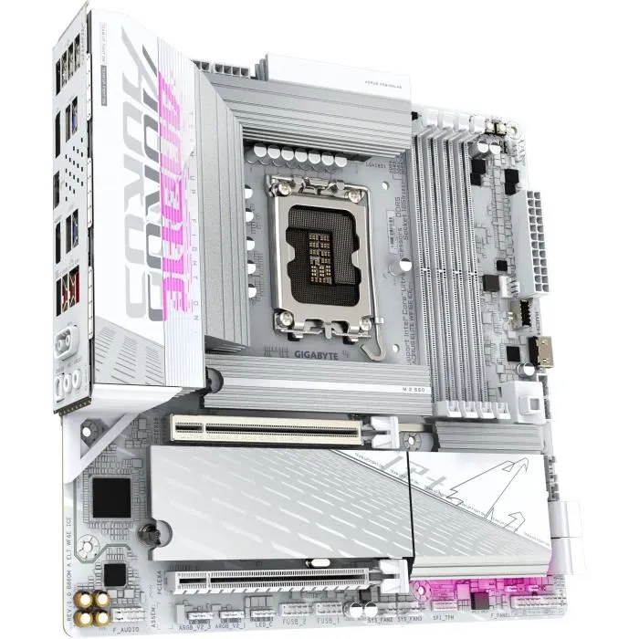 Gigabyte Carte mère B860M AORUS ELITE WF6E ICE - Socket LGA 1851 pour Intel Core Ultra - VRM 12+1+2+1 phases - DDR5 9200MHz - PCIe 5.0 M.2 - LAN 2.5 GbE - Wi-Fi 6E - USB 4