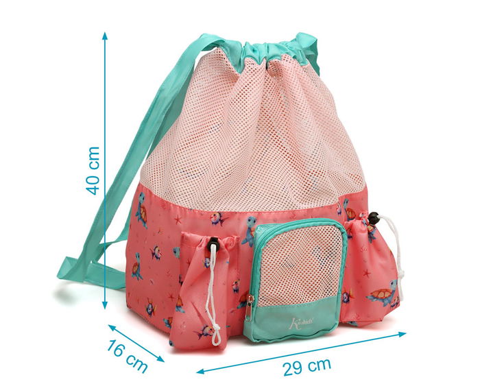 KioKids Sac de plage et sac à dos pour enfant avec motif tortues roses, 10 litres, 3 poches, respirant, polyester - Collection Happy Summer