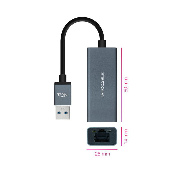 Nanocable 10.03.0405 Câble Convertisseur USB 3.0 vers RJ45 Ethernet Gigabit 10/100/1000 Mbps, Aluminium Gris 15 cm