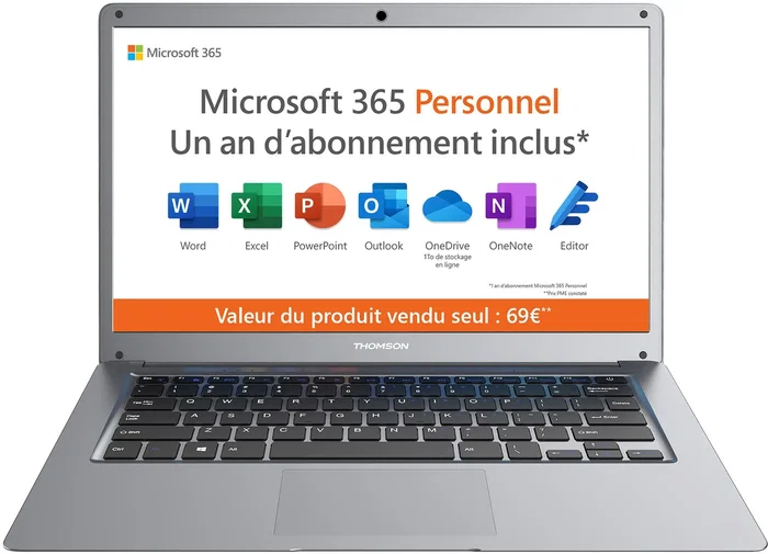 Thomson N14C4SL128MS PC Portable 14" Intel Celeron 4 Go RAM SSD 128 Go Windows Argent avec Housse de Protection et Souris