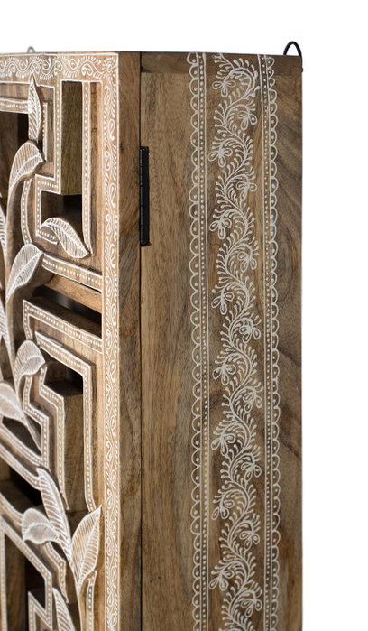 Étagère Mural Artisanale en Bois de Mango Massif 150 cm - Bibliothèque ou Vitrine avec Portes Ajourées à Motifs Sculptés Main et Fermeture Magnétique Étagère Mural Artisanale en Bois de Mango Massif 150 cm - Bibliothèque ou Vitrine avec Portes Ajourées à Motifs Sculptés Main et Fermeture Magnétique