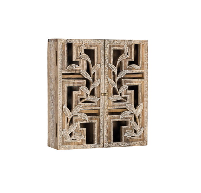 Étagère Mural Artisanale en Bois de Mango Massif 150 cm - Bibliothèque ou Vitrine avec Portes Ajourées à Motifs Sculptés Main et Fermeture Magnétique Étagère Mural Artisanale en Bois de Mango Massif 150 cm - Bibliothèque ou Vitrine avec Portes Ajourées à Motifs Sculptés Main et Fermeture Magnétique