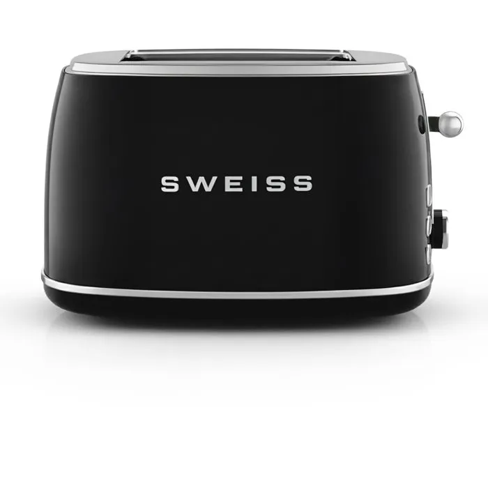 SWEISS Grille-Pain Vintage 2 Fentes GRS9 850W - Thermostat Réglable - Fonction Décongélation - Noir - Pince en Bambou