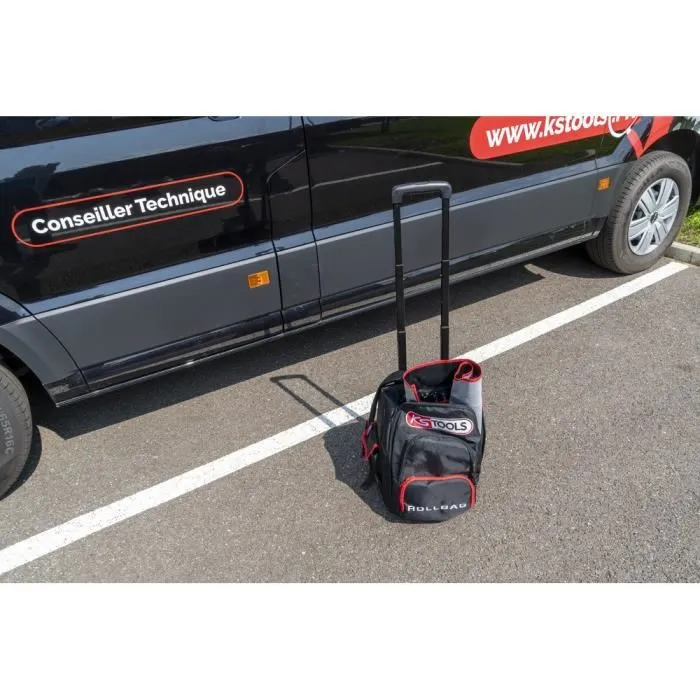 KS TOOLS Sac à dos à roulettes 850.0334 - Système trolley, max 35 kg, 18 L, rangements, dos renforcé, tissu ultra-résistant