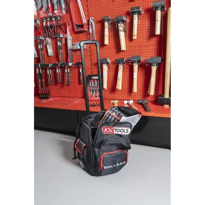 KS TOOLS Sac à dos à roulettes 850.0334 - Système trolley, max 35 kg, 18 L, rangements, dos renforcé, tissu ultra-résistant
