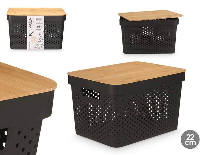 KINVARA Lot de 4 caisses multi-usages perforées avec couvercle bambou, Noir + Marron KINVARA Lot de 4 caisses multi-usages perforées avec couvercle bambou, Noir + Marron