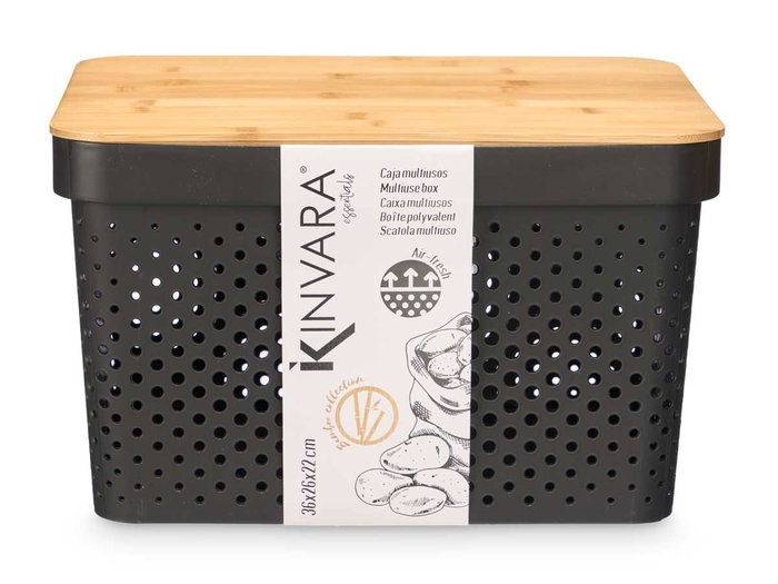 KINVARA Lot de 4 caisses multi-usages perforées avec couvercle bambou, Noir + Marron KINVARA Lot de 4 caisses multi-usages perforées avec couvercle bambou, Noir + Marron
