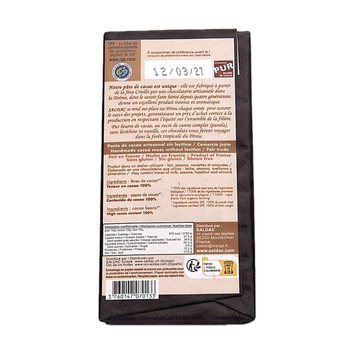 El Oro de los Andes Chocolat Noir 100% Cacao sans Sucre 100g El Oro de los Andes Chocolat Noir 100% Cacao sans Sucre 100g