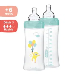 Dodie Lot de 2 Biberons Sensation+ Anti-Coliques 330ml, Débit Rapide 3, Tétine Plate pour Bébés +6 Mois
