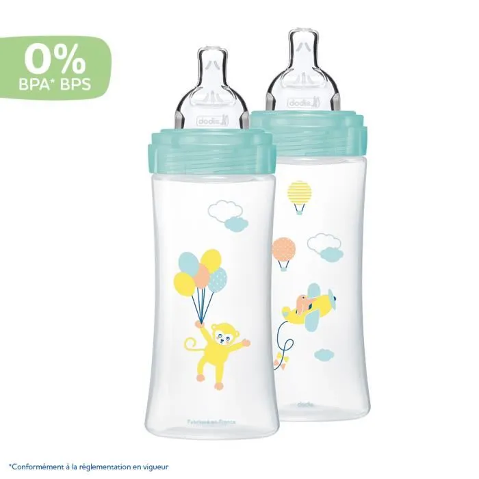Dodie Lot de 2 Biberons Sensation+ Anti-Coliques 330ml, Débit Rapide 3, Tétine Plate pour Bébés +6 Mois