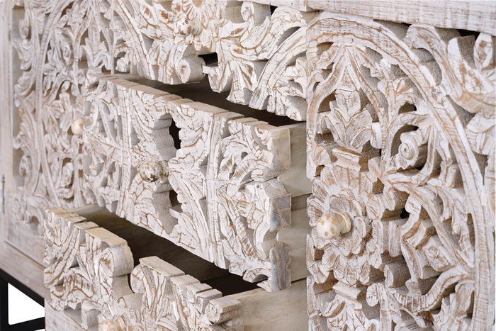 GINER Y COLOMER Buffet 2 portes et 3 tiroirs en bois de manguier et métal, finition blanc vieilli - Dimensions 80x150x38 cm