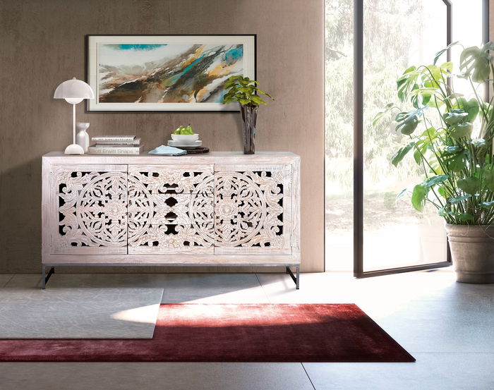 GINER Y COLOMER Buffet 2 portes et 3 tiroirs en bois de manguier et métal, finition blanc vieilli - Dimensions 80x150x38 cm