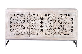 GINER Y COLOMER Buffet 2 portes et 3 tiroirs en bois de manguier et métal, finition blanc vieilli - Dimensions 80x150x38 cm