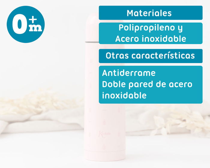 KioKids - Thermos isotherme pour bébé et enfant, 500 ml, Rose, collection Petits moments - Double paroi inox 18/8, maintien 24h froid / 12h chaud, anti-goutte