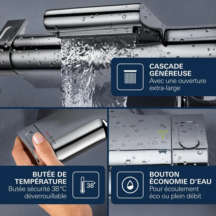 Grohe Mitigeur thermostatique mural Grohtherm 2000 34174001, Bec cascade XL, bain/douche, Chrome, CoolTouch, Limiteur de température, Economie d'eau Grohe Mitigeur thermostatique mural Grohtherm 2000 34174001, Bec cascade XL, bain/douche, Chrome, CoolTouch, Limiteur de température, Economie d'eau