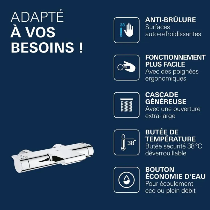 Grohe Mitigeur thermostatique mural Grohtherm 2000 34174001, Bec cascade XL, bain/douche, Chrome, CoolTouch, Limiteur de température, Economie d'eau Grohe Mitigeur thermostatique mural Grohtherm 2000 34174001, Bec cascade XL, bain/douche, Chrome, CoolTouch, Limiteur de température, Economie d'eau