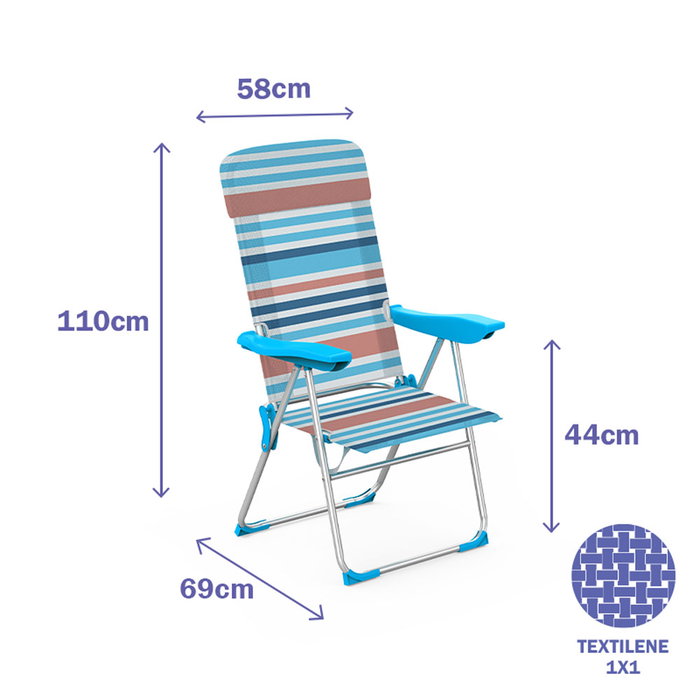 Marbueno 10465 Chaise Pliante Aluminium 5 Positions avec Coussin Rayures Orange et Bleu Plage et Piscine 69x58x110 cm