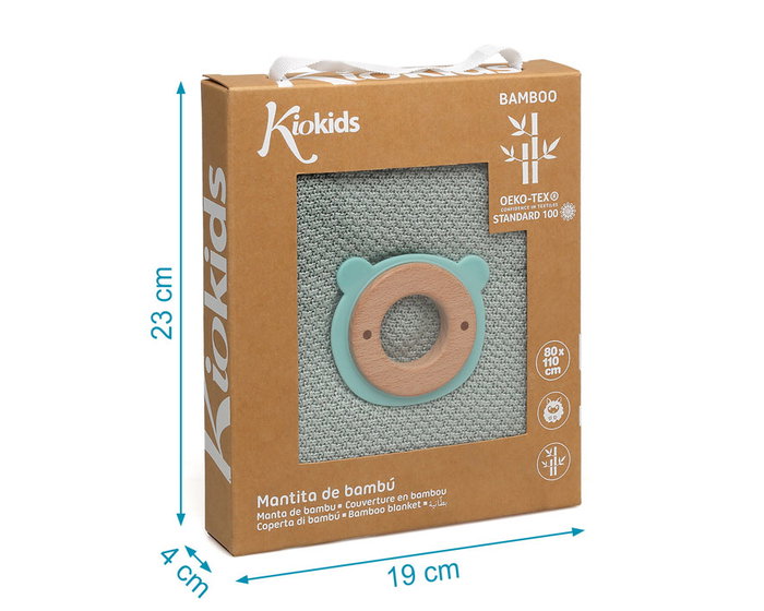 KioKids Set bébé manta de bambú et anneau de dentition en bois de hêtre et silicone - Couleur sauge, 80x110 cm KioKids Set bébé manta de bambú et anneau de dentition en bois de hêtre et silicone - Couleur sauge, 80x110 cm