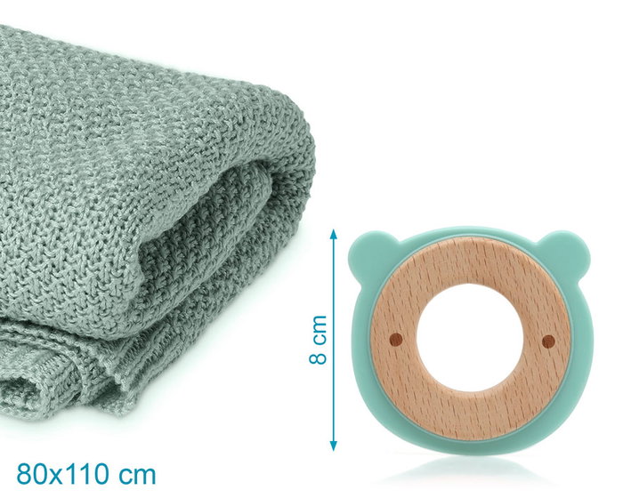 KioKids Set bébé manta de bambú et anneau de dentition en bois de hêtre et silicone - Couleur sauge, 80x110 cm KioKids Set bébé manta de bambú et anneau de dentition en bois de hêtre et silicone - Couleur sauge, 80x110 cm