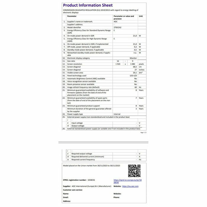 Monitor Gaming AOC 27B3CA2 27" Full HD
