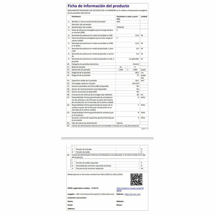 Monitor Gaming AOC 27B3CA2 27" Full HD