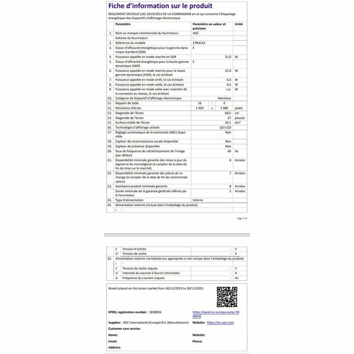 Monitor Gaming AOC 27B3CA2 27" Full HD