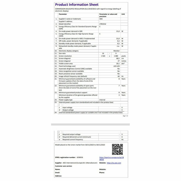 Monitor Gaming AOC 27B3CA2 27" Full HD