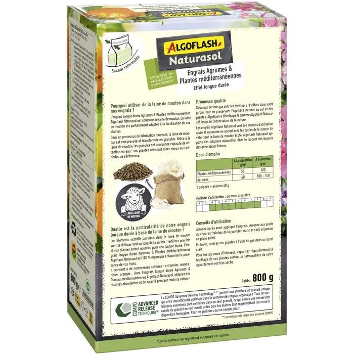 Algoflash Naturasol Engrais Agrumes et Plantes Méditerranéennes Longue Durée 800 g UAB