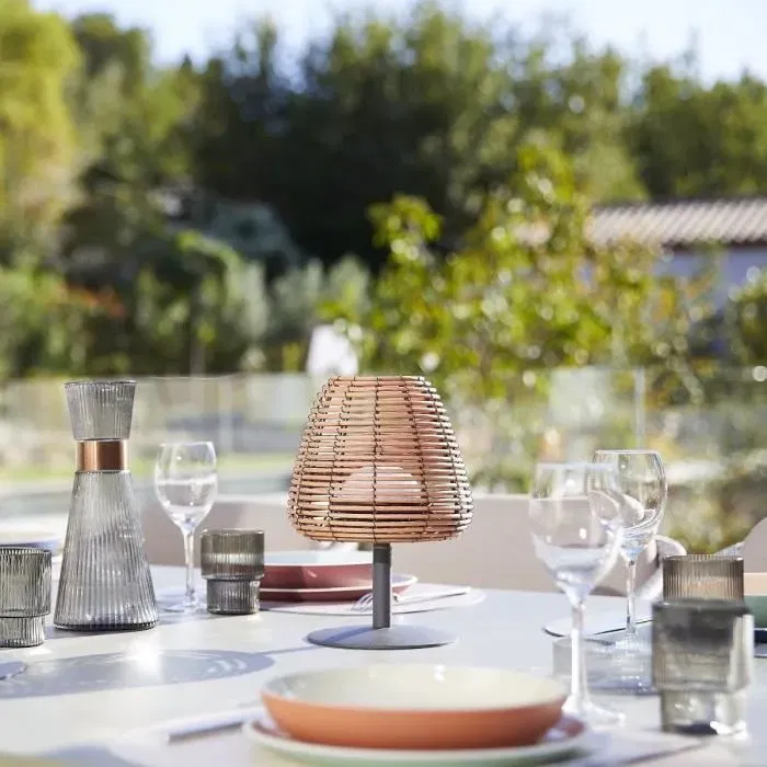 Lumisky - Lampe de table sans fil BOHEME, H25 cm, rotin naturel, LED blanc chaud et blanc, dimmable