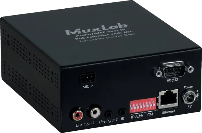 MUXLAB Transmetteur Audio Amplifié sur IP avec Entrées RCA, RS232, Minijack et Sortie RJ45, 100 m, Câble Cat 5e/6
