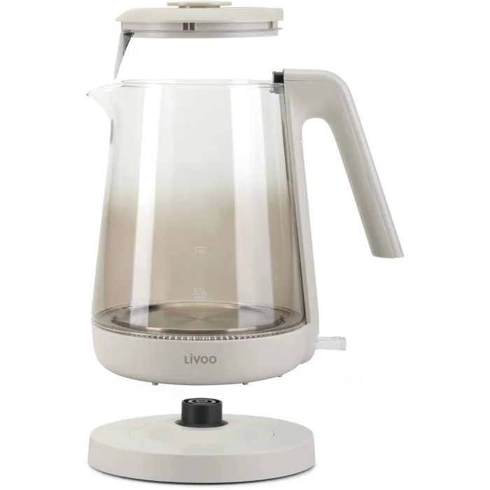 Bouilloire électrique Livoo DOD216G - 2200 W - 1,7 L - En verre borosilicate avec indicateur de niveau et base pivotante 360° - Gris