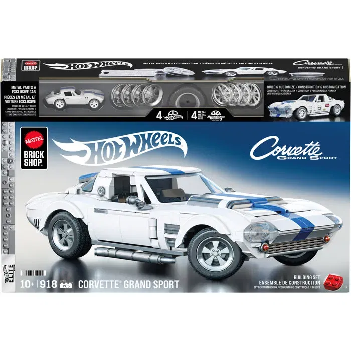 Mattel Brick Shop - Coffret de construction Hot Wheels Corvette Grand Sport 1/16 avec 918 pièces, pièces métalliques et autocollants - JGR31