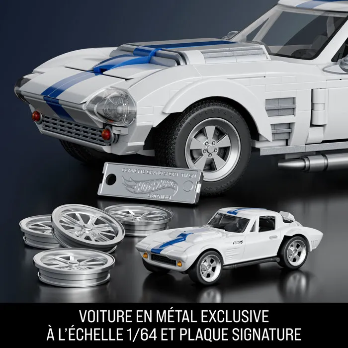 Mattel Brick Shop - Coffret de construction Hot Wheels Corvette Grand Sport 1/16 avec 918 pièces, pièces métalliques et autocollants - JGR31