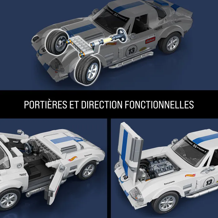 Mattel Brick Shop - Coffret de construction Hot Wheels Corvette Grand Sport 1/16 avec 918 pièces, pièces métalliques et autocollants - JGR31
