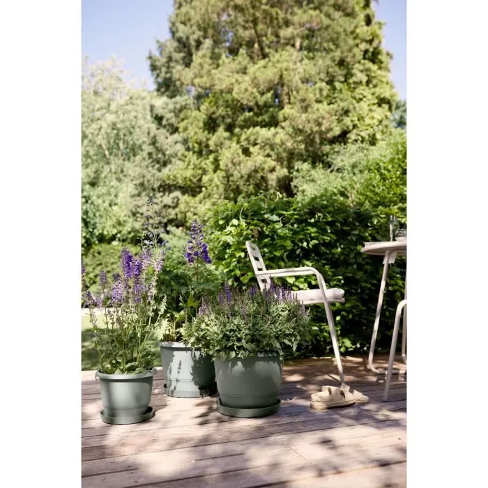 ELHO Pot de fleurs Amiga Rond 40 - Vert - Ø 39 x H 29 cm - Pot d'extérieur recyclé résistant au gel et aux chocs avec soucoupe assortie