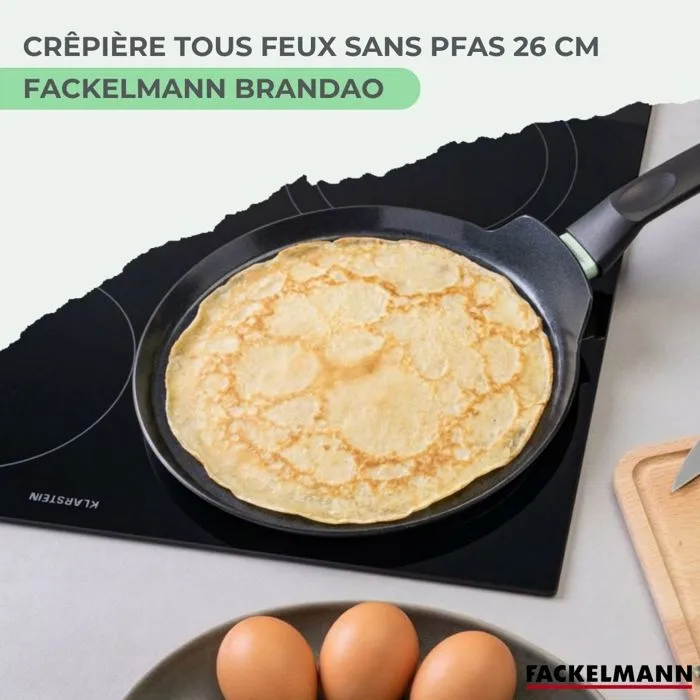 FACKELMANN BRANDAO - Set chandeleur crêpière Ø 26 cm avec 3 ustensiles en silicone et inox - Revêtement céramique sans PFAS - Compatible induction et four 150°C