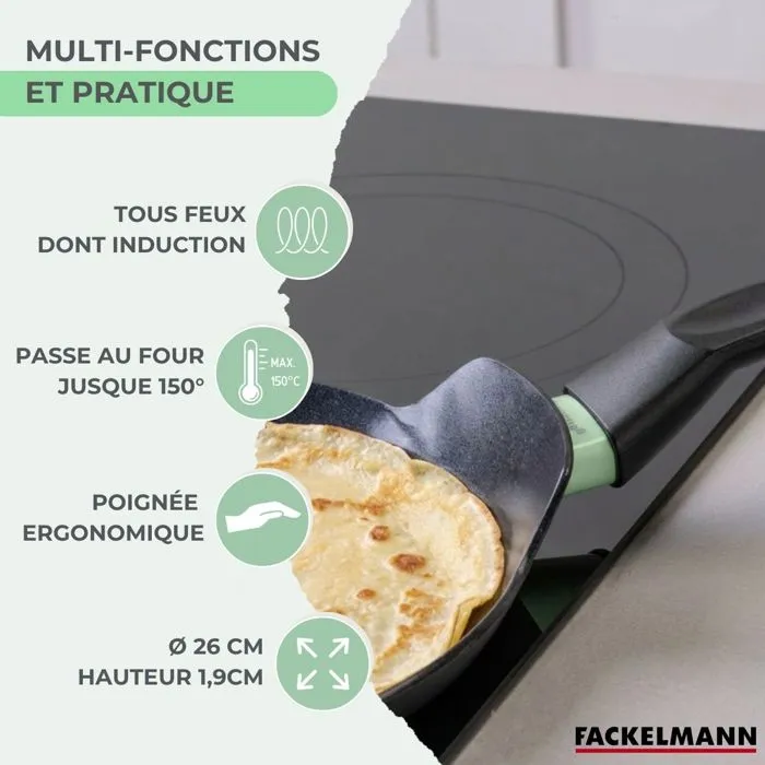 FACKELMANN BRANDAO - Set chandeleur crêpière Ø 26 cm avec 3 ustensiles en silicone et inox - Revêtement céramique sans PFAS - Compatible induction et four 150°C