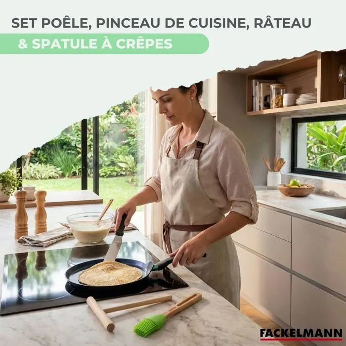 FACKELMANN BRANDAO - Set chandeleur crêpière Ø 26 cm avec 3 ustensiles en silicone et inox - Revêtement céramique sans PFAS - Compatible induction et four 150°C