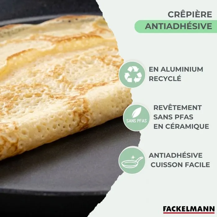 FACKELMANN BRANDAO - Set chandeleur crêpière Ø 26 cm avec 3 ustensiles en silicone et inox - Revêtement céramique sans PFAS - Compatible induction et four 150°C