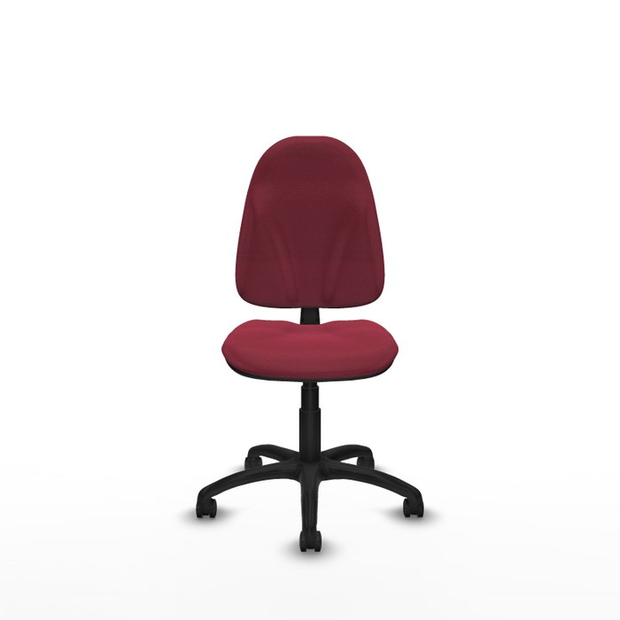 Chaise de bureau Algarra avec mécanisme de contact permanent de base, rembourrée de tissu couleur grenat. Équipée d'une base en polyamide noir, sans accoudoirs et avec roulettes pour parquet