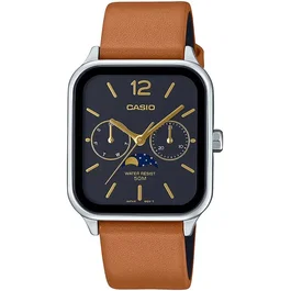 Casio MTP-M305L Montre Homme Noir à Quartz Analogique avec Phase Lunaire et Fonction Jour/Date - Boîtier Acier et Bracelet Cuir