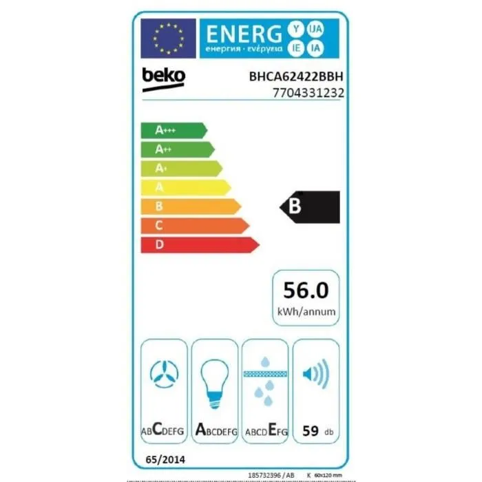 Beko BHCA62422BBH Hotte murale aspirante 60 cm noir avec pan incliné