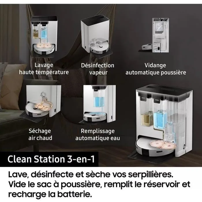 Samsung Aspirateur Robot Jet Bot Combo AI VR7MD97A14G Station de Nettoyage avec Désinfection par Vapeur Reconnaissance d'Objets